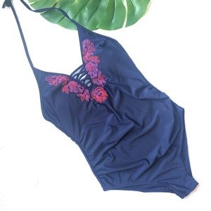 NWOT Embroidered Navy Blue One Piece Swimsuit